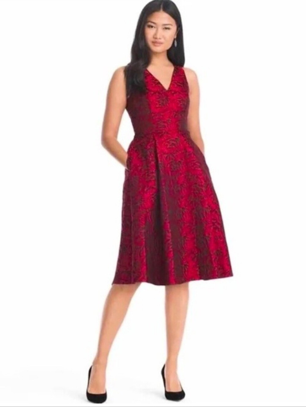 White House Black Market Red & Black Floral Jacquard Midi Dress